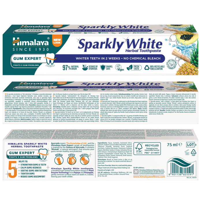 Pasta de Dinti Sparkly White Gum Expert, Himalaya Herbal, 75 ml [2]
