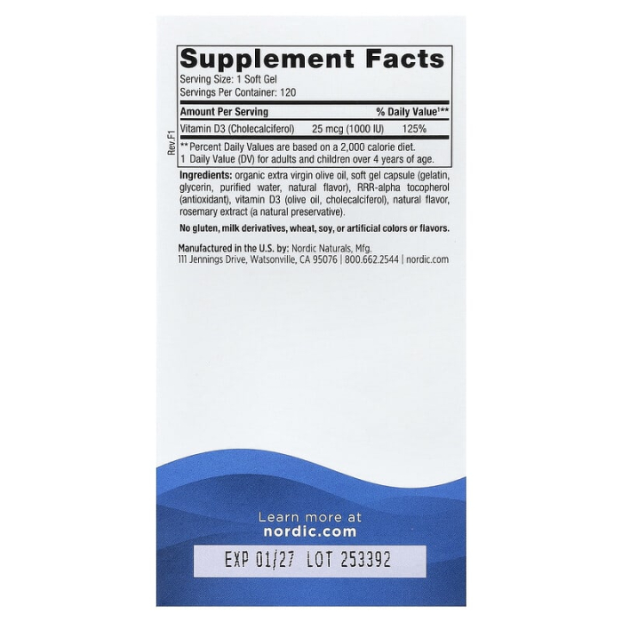 Vitamin D3, 1000 IU, Nordic Naturals, 120 Mini Soft Gels [2]