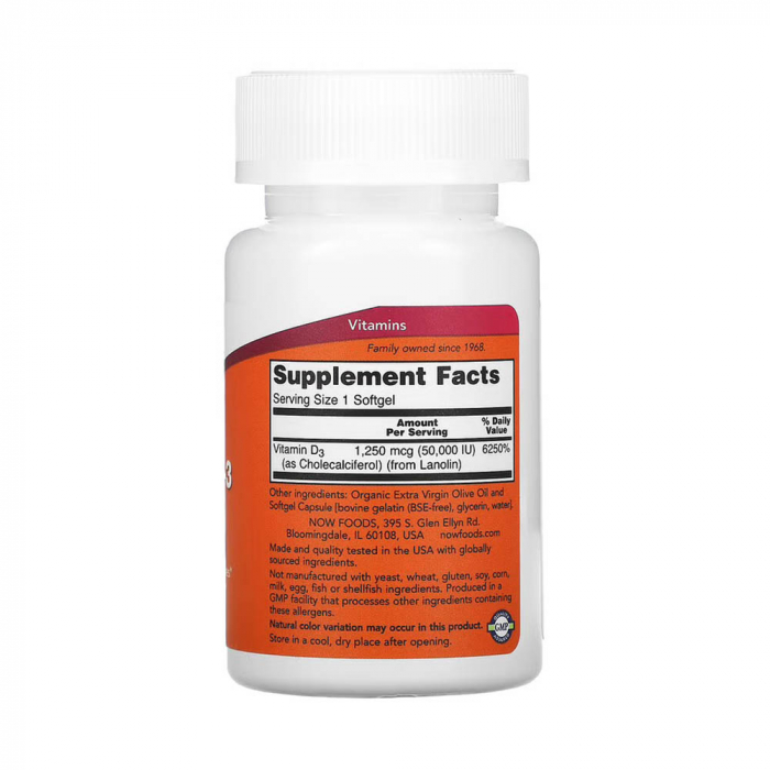 Vitamina D3, 50.000 IU, Now Foods, 50 softgels [2]