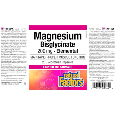 Magnesium Bisglycinate, 200 mg, Natural Factors, 250 capsules [1]