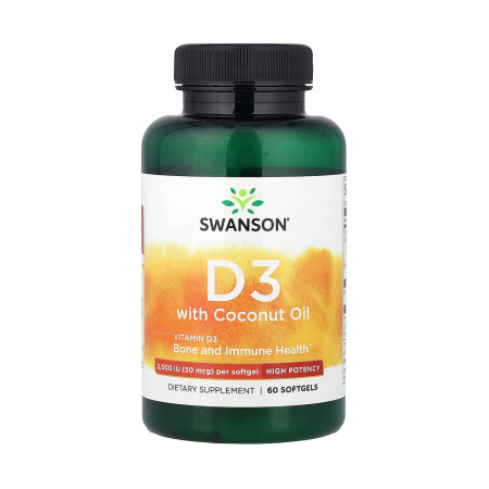 Swanson - Vitamin D3, 2000 IU with Coconut Oil, Swanson, 60 Softgels SWU830