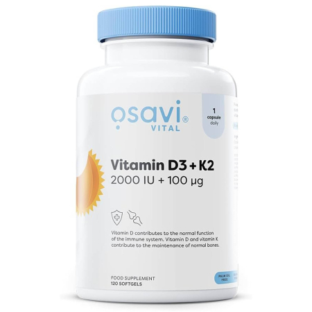 Vitamin D3 + K2, 2000 IU / 100 mcg, Osavi, 120 softgels, 2000 IU, 120 Softgels, 01.2029