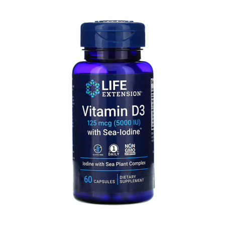 Vitamina D - Vitamin D3 with Sea-Iodine, 125 mcg (5,000 IU), Life Extension, 60 capsule