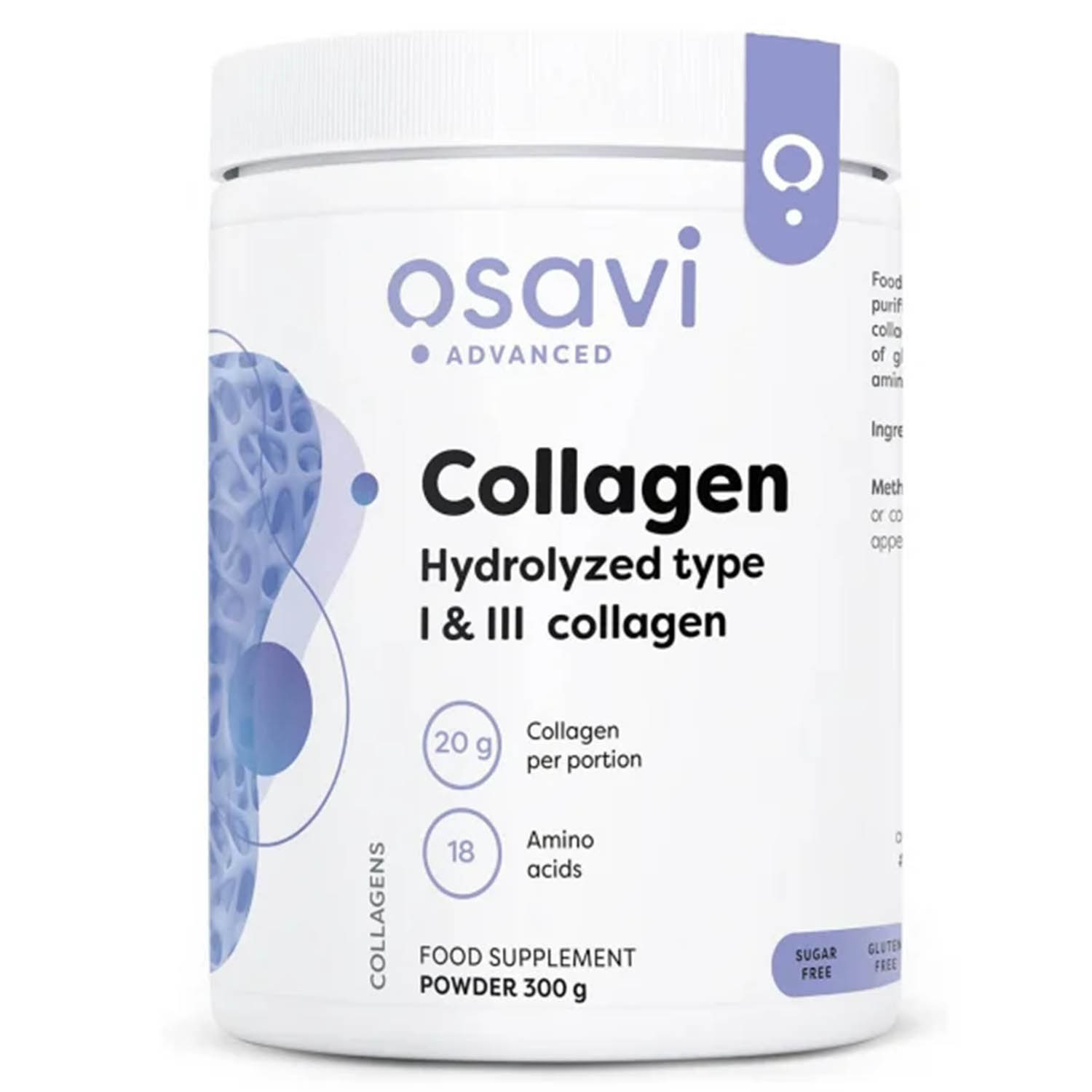 secom colagen Collagen Peptides, Hydrolyzed type I  III, Osavi, 300g 10.2027, 300 g