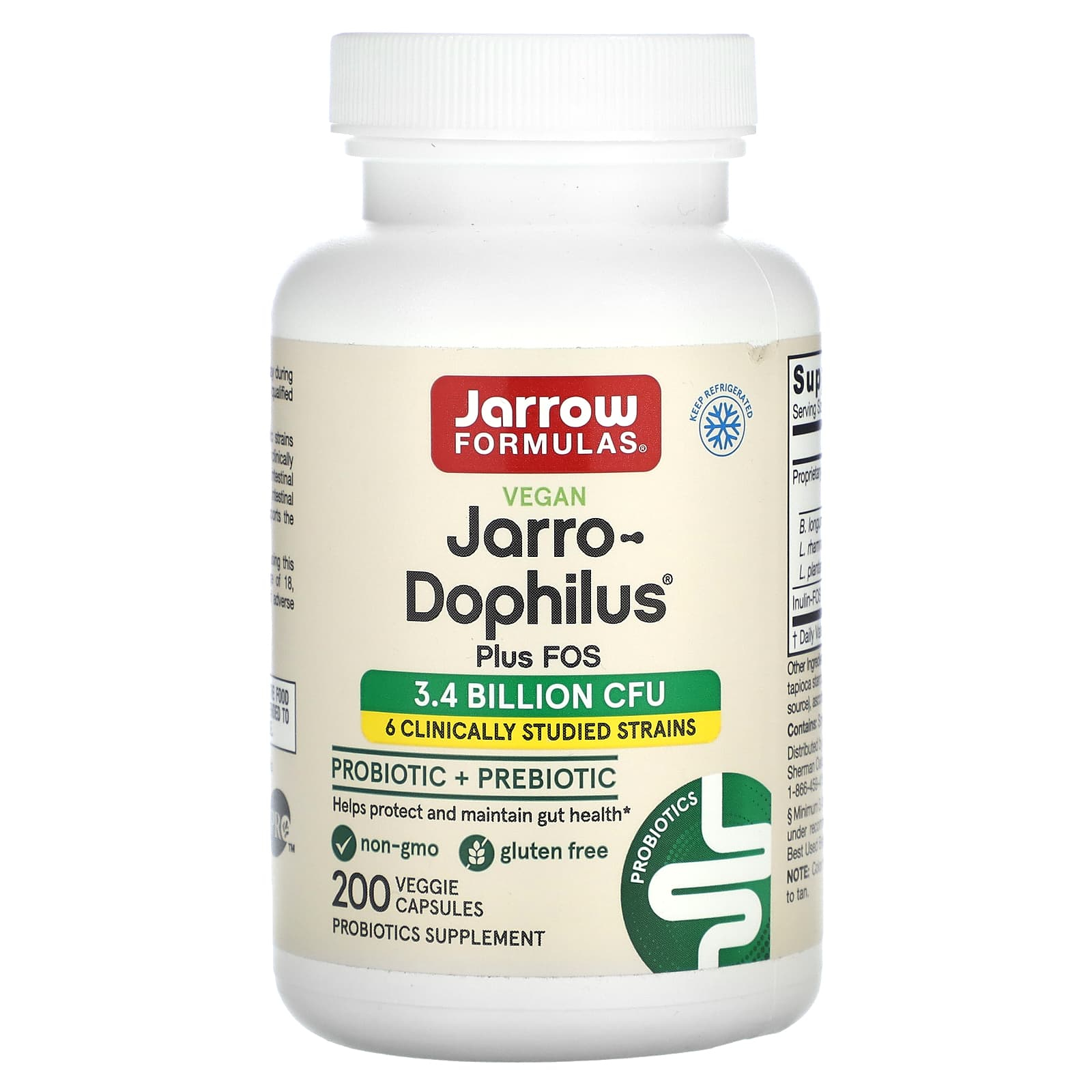 Suplimente Originale Jarro-Dophilus Plus FOS, 3.4 Billion CFU, Jarrow Formulas, 200 capsule 200 Veg Caps, 02.2027