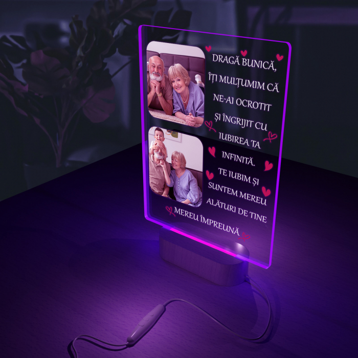Lampa iluminata  3D cu baza din lemn 2 poze si text model pentru Bunica [2]