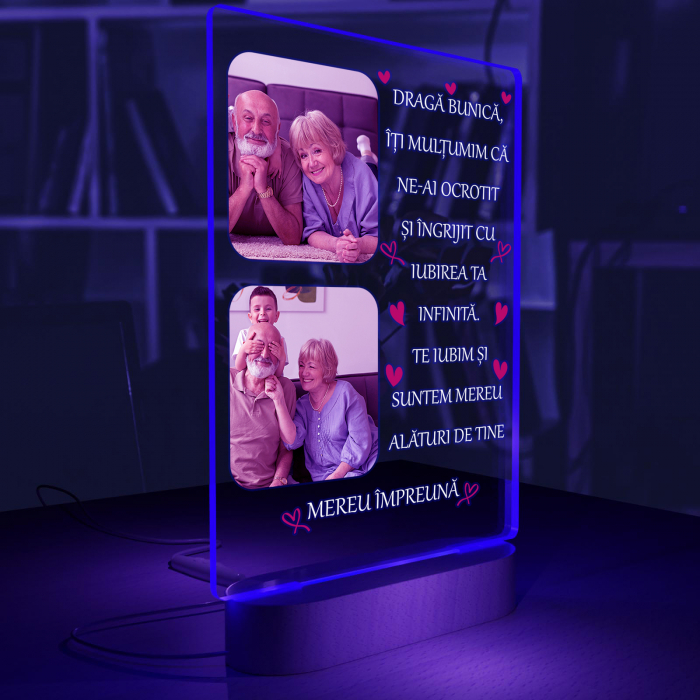 Lampa iluminata  3D cu baza din lemn 2 poze si text model pentru Bunica [3]