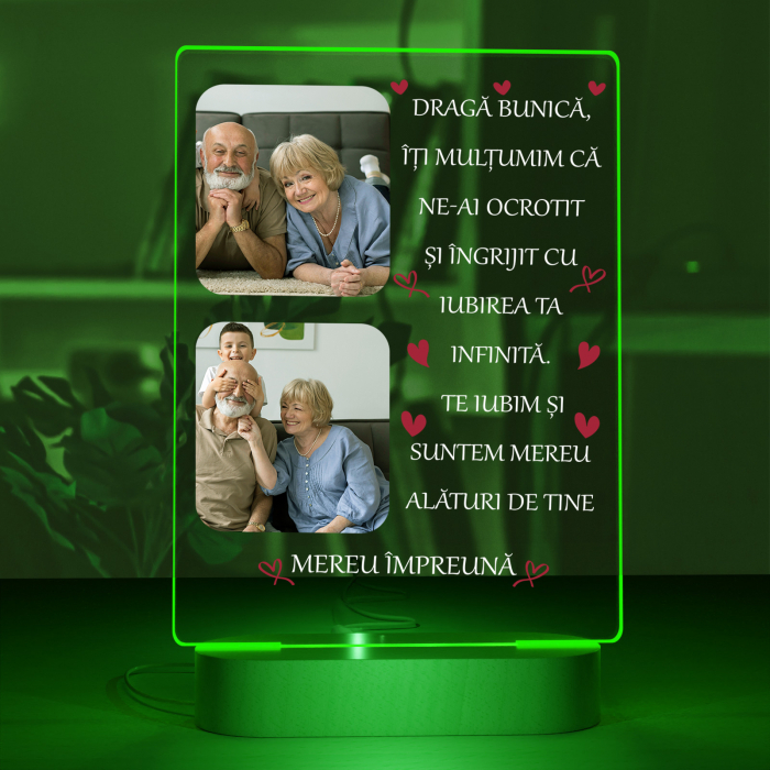 Lampa iluminata  3D cu baza din lemn 2 poze si text model pentru Bunica [7]