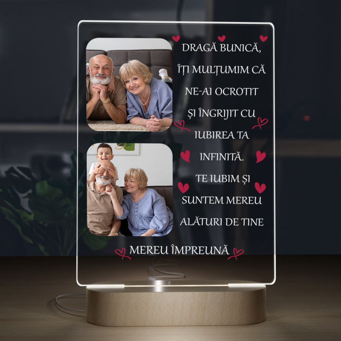 Lampa iluminata  3D cu baza din lemn 2 poze si text model pentru Bunica [4]