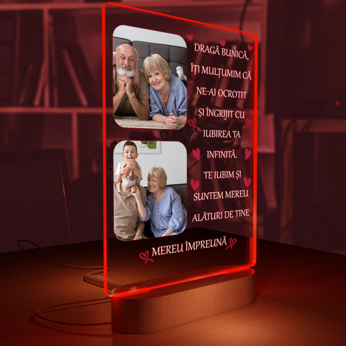 Lampa iluminata  3D cu baza din lemn 2 poze si text model pentru Bunica [6]
