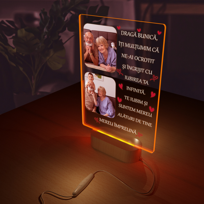 Lampa iluminata  3D cu baza din lemn 2 poze si text model pentru Bunica [5]