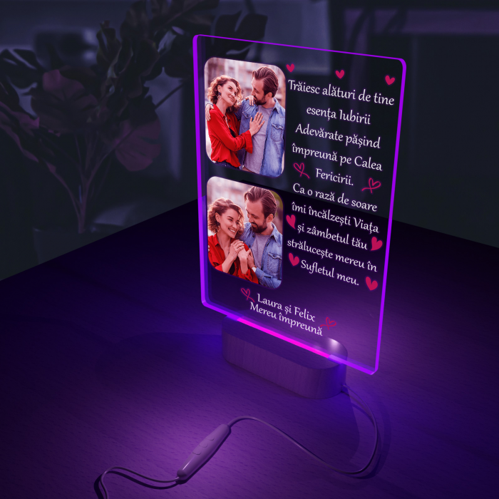 Lampa  3D iluminata cu baza din lemn cu 2 poze si text model pentru indragostiti traiesc alaturi de tine [7]