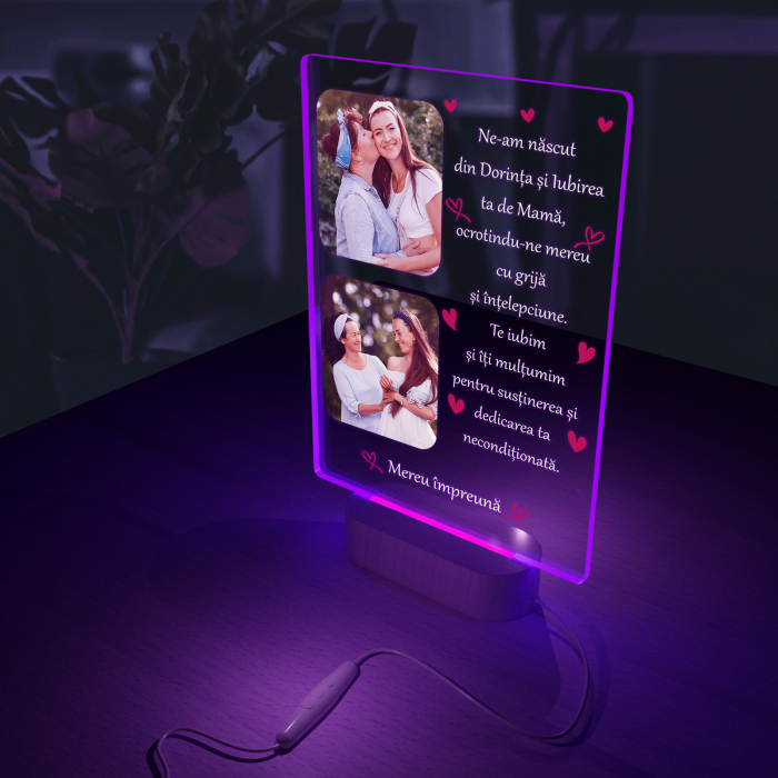 Lampa  3D iluminata cu baza din lemn 2 poze si text model pentru mama [7]