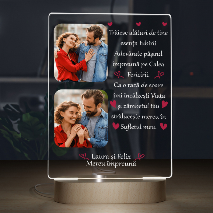 Lampa  3D iluminata cu baza din lemn cu 2 poze si text model pentru indragostiti traiesc alaturi de tine [5]
