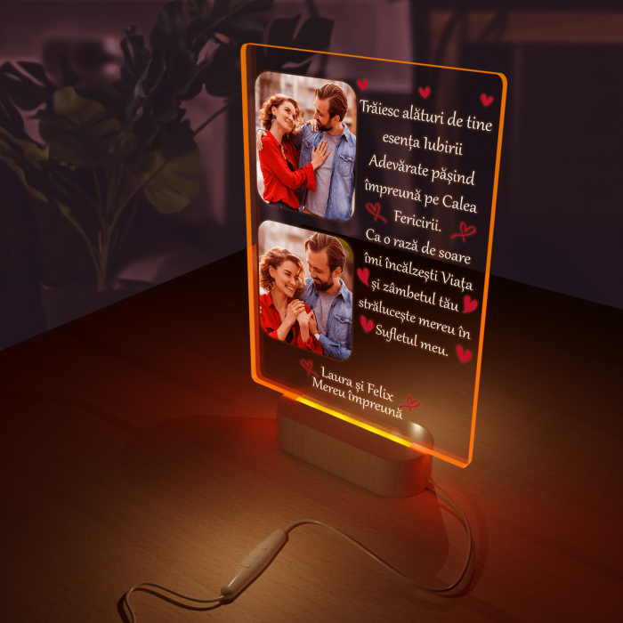 Lampa  3D iluminata cu baza din lemn cu 2 poze si text model pentru indragostiti traiesc alaturi de tine [2]