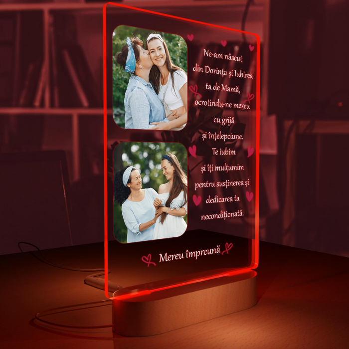 Lampa  3D iluminata cu baza din lemn 2 poze si text model pentru mama [6]