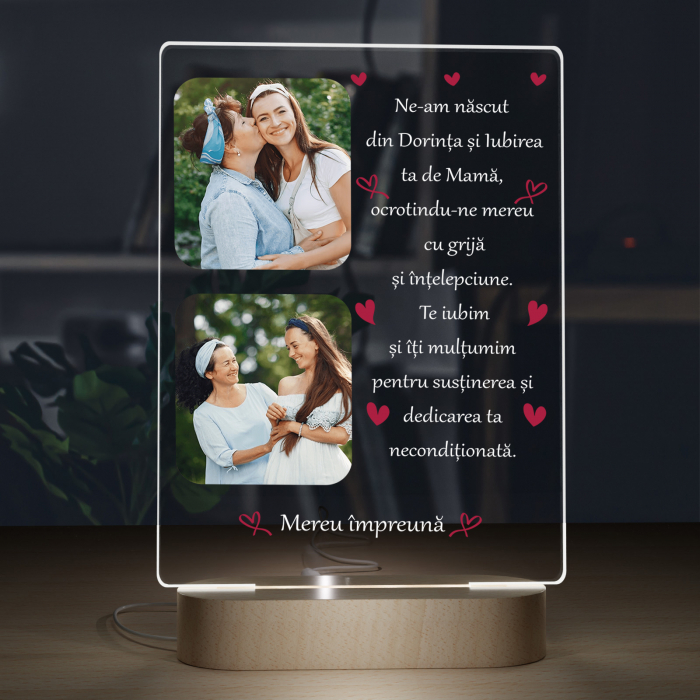 Lampa  3D iluminata cu baza din lemn 2 poze si text model pentru mama [5]