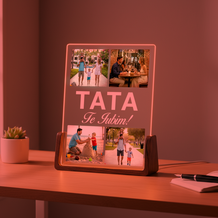 Lampa 3D LED cu baza de lemn masiv personalizata cu 4 poze pentru Tata [6]