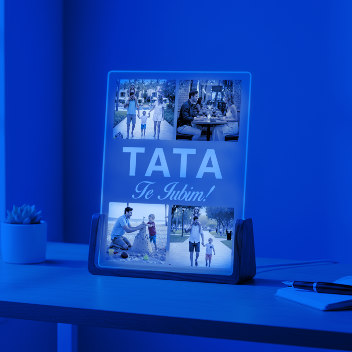 Lampa 3D LED cu baza de lemn masiv personalizata cu 4 poze pentru Tata [4]