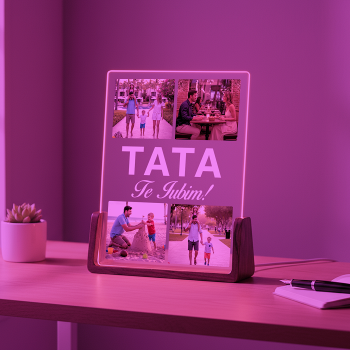 Lampa 3D LED cu baza de lemn masiv personalizata cu 4 poze pentru Tata [5]