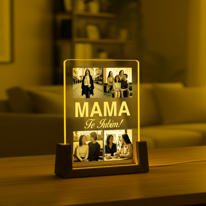 Lampa 3D LED cu baza de lemn masiv personalizata cu 4 poze pentru Mama [6]