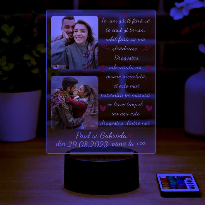 Lampa 3D LED personalizata cu 2 poze nume,data si text Te-am gasit fara sa te caut.. [5]