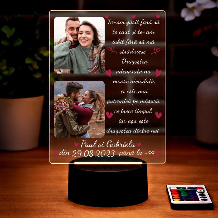 Lampa 3D LED personalizata cu 2 poze nume,data si text Te-am gasit fara sa te caut.. [3]