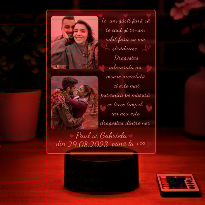 Lampa 3D LED personalizata cu 2 poze nume,data si text Te-am gasit fara sa te caut.. [2]