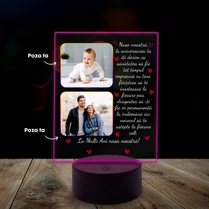 Lampa 3D luminoasa personalizata cu 2 poze si text pentru nasa [7]