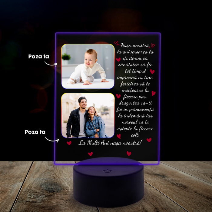 Lampa 3D luminoasa personalizata cu 2 poze si text pentru nasa [8]