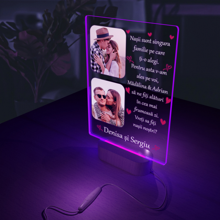 Lampa iluminata  3D cu baza din lemn 2 poze si text model pentru Nasi [7]