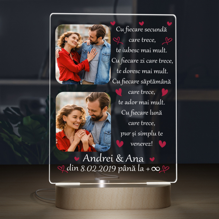Lampa iluminata  3D cu baza din lemn 2 poze text si data, model pentru Indragostit [4]