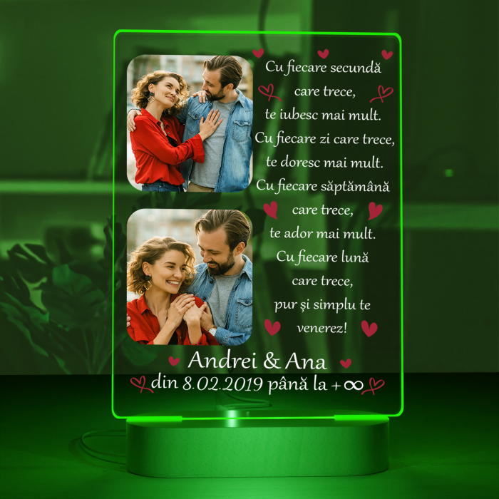 Lampa iluminata  3D cu baza din lemn 2 poze text si data, model pentru Indragostit [3]