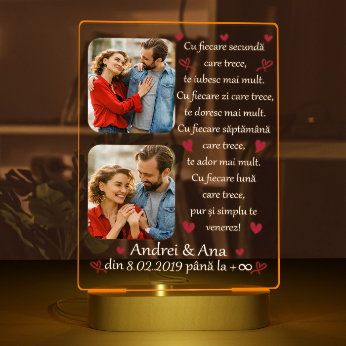 Lampa iluminata  3D cu baza din lemn 2 poze text si data, model pentru Indragostit [2]