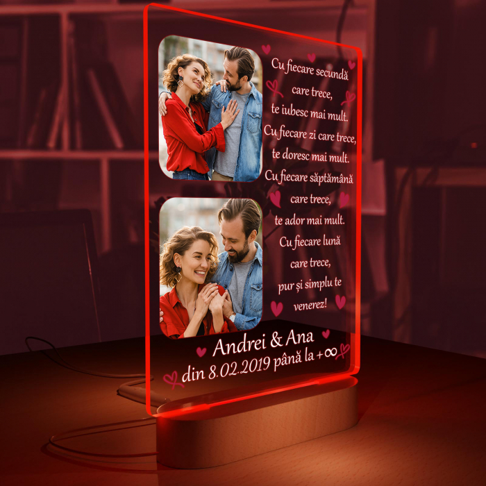Lampa iluminata  3D cu baza din lemn 2 poze text si data, model pentru Indragostit [6]