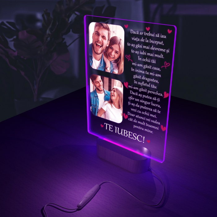Lampa iluminata  3D cu baza din lemn 2 poze si text model pentru Iubit,Iubita [7]
