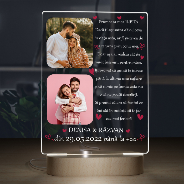 Lampa iluminata  3D cu baza din lemn 2 poze si text model pentru iubita [4]