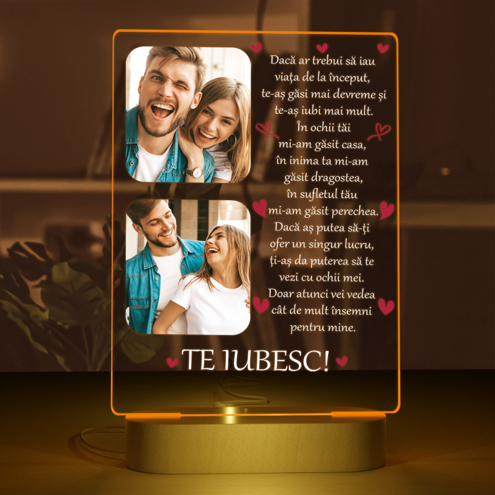 Lampa iluminata  3D cu baza din lemn 2 poze si text model pentru Iubit,Iubita [3]