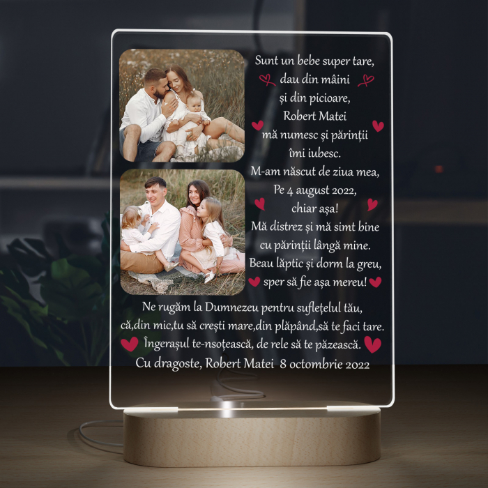 Lampa iluminata  3D cu baza din lemn 2 poze si text model Sunt un bebe super tare [2]
