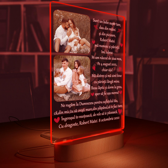Lampa iluminata  3D cu baza din lemn 2 poze si text model Sunt un bebe super tare [6]