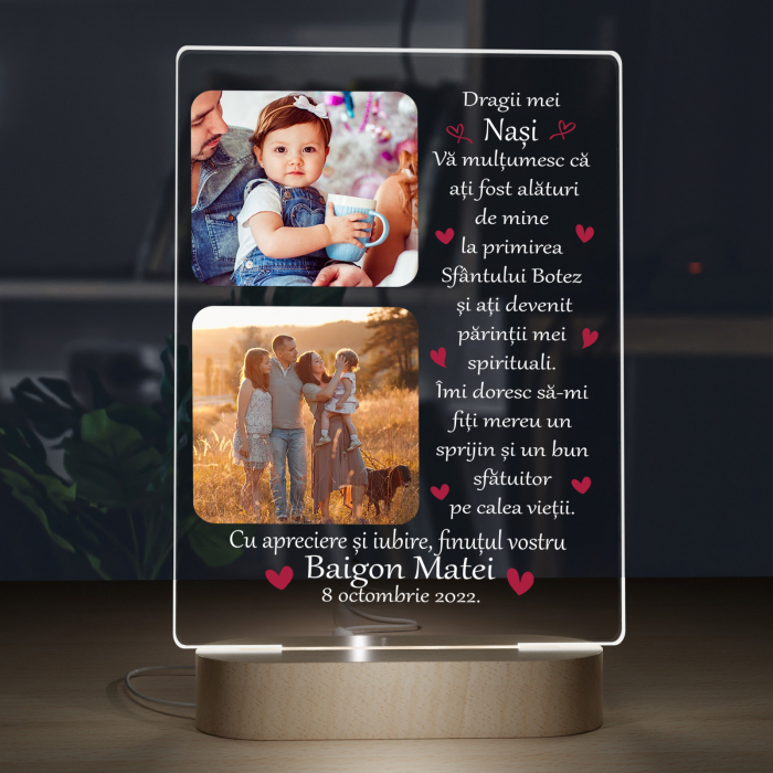 Lampa iluminata  3D cu baza din lemn 2 poze si text model pentru Nasi [3]