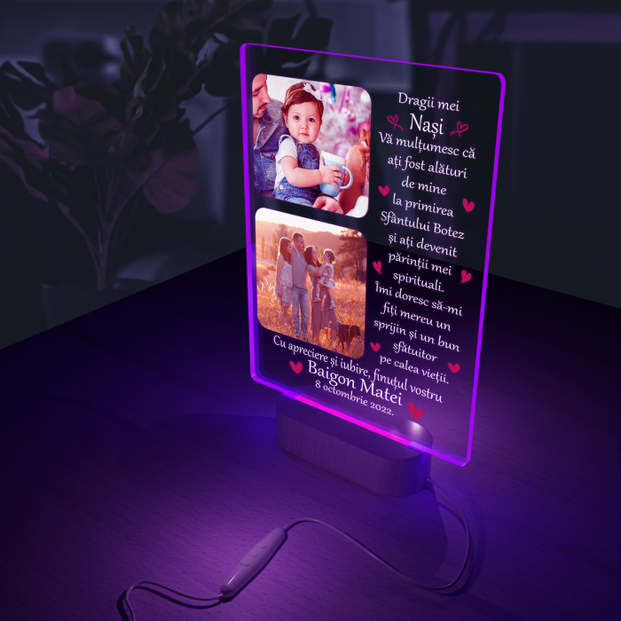 Lampa iluminata  3D cu baza din lemn 2 poze si text model pentru Nasi [7]
