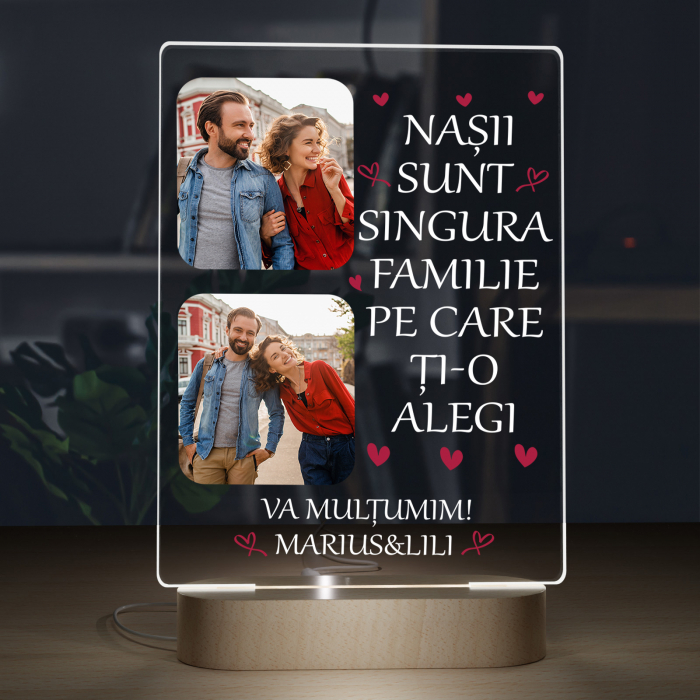 Lampa iluminata 3D cu baza din lemn 2 poze si text model pentru Nasi [4]