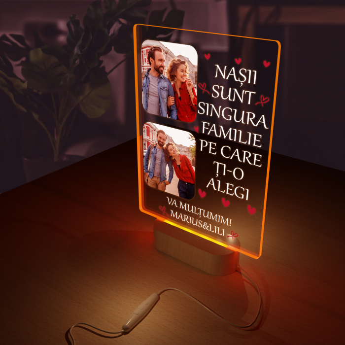 Lampa iluminata 3D cu baza din lemn 2 poze si text model pentru Nasi [3]