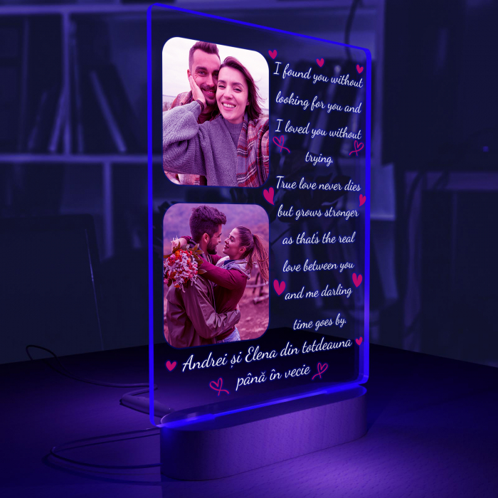 Lampa iluminata  3D cu baza din lemn 2 poze si text model pentru Indragostiti [5]