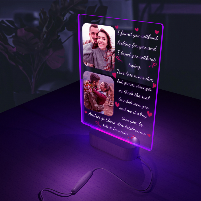 Lampa iluminata  3D cu baza din lemn 2 poze si text model pentru Indragostiti [7]