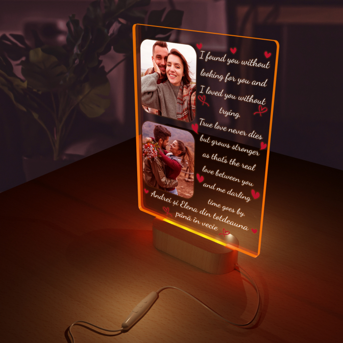Lampa iluminata  3D cu baza din lemn 2 poze si text model pentru Indragostiti [2]