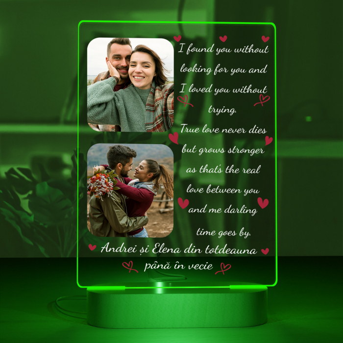 Lampa iluminata  3D cu baza din lemn 2 poze si text model pentru Indragostiti [4]