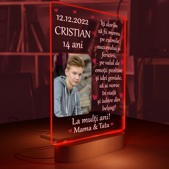 Lampa iluminata  3D cu baza din lemn o poza  text si data, model pentru copii [6]
