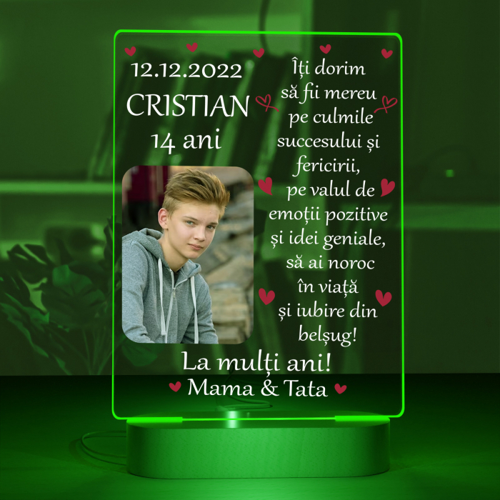 Lampa iluminata  3D cu baza din lemn o poza  text si data, model pentru copii [3]